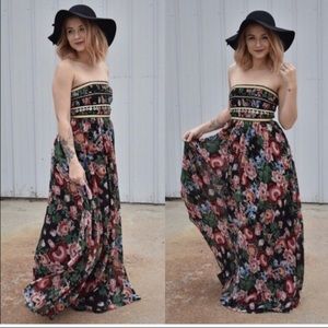 Pearl Black Floral Gypsy Strapless Maxi Dress
